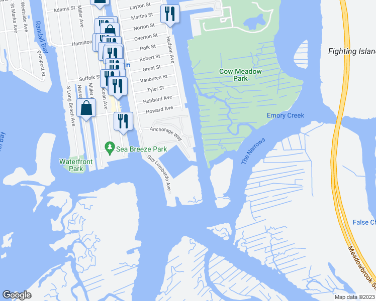 map of restaurants, bars, coffee shops, grocery stores, and more near 1 Anchorage Way in Freeport