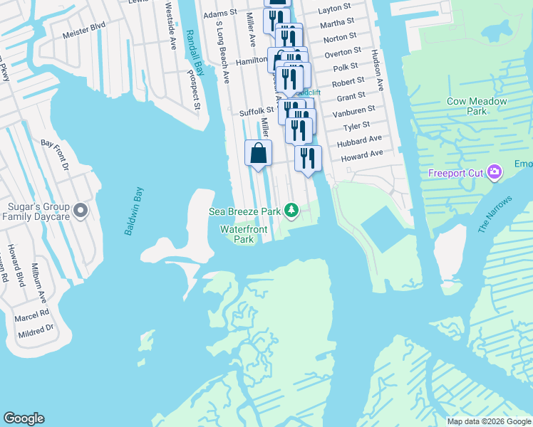 map of restaurants, bars, coffee shops, grocery stores, and more near 622 Nassau Avenue in Freeport