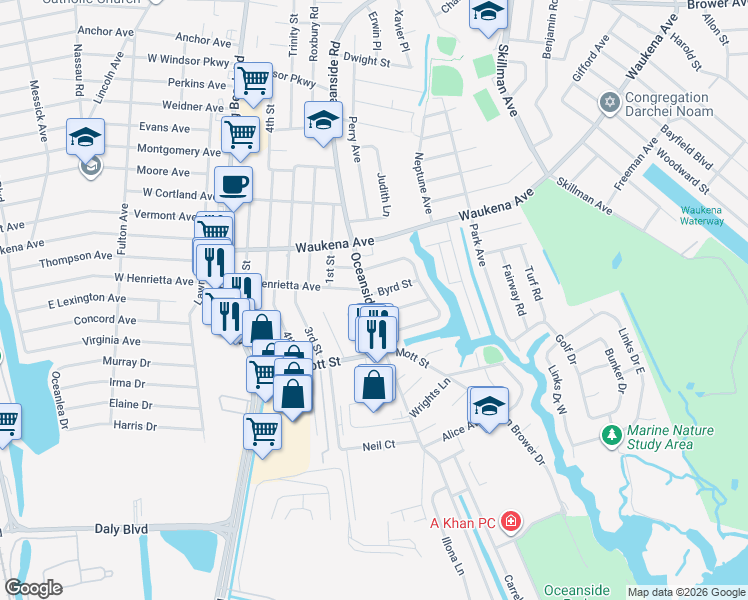 map of restaurants, bars, coffee shops, grocery stores, and more near 3412 Oceanside Road in Oceanside
