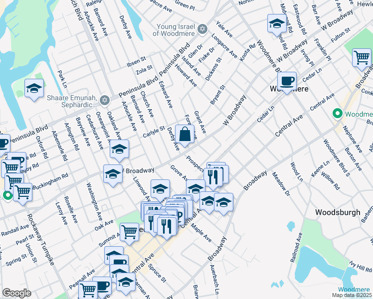 map of restaurants, bars, coffee shops, grocery stores, and more near 687 West Broadway in Cedarhurst