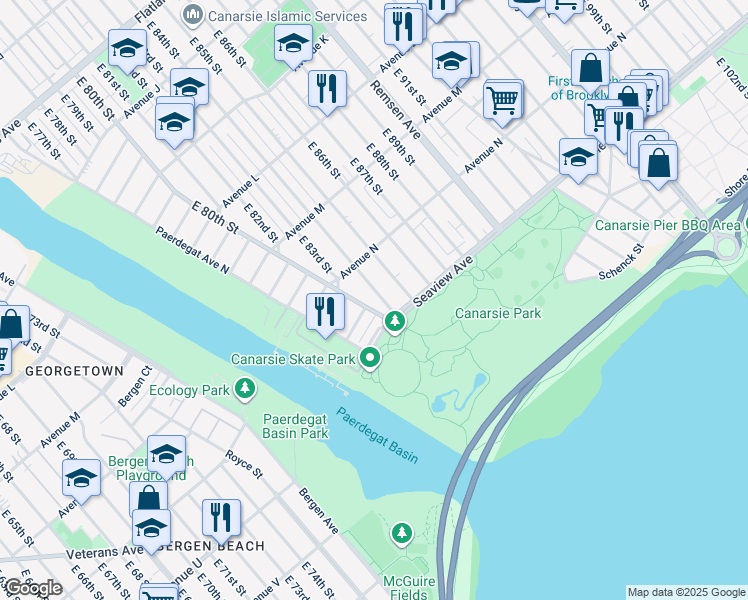 map of restaurants, bars, coffee shops, grocery stores, and more near 44 Paerdegat 15th Street in Brooklyn