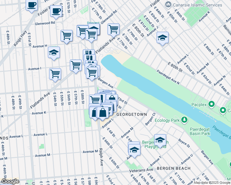 map of restaurants, bars, coffee shops, grocery stores, and more near 1128 East 73rd Street in Brooklyn