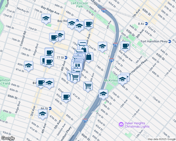 map of restaurants, bars, coffee shops, grocery stores, and more near 543 77th Street in Brooklyn