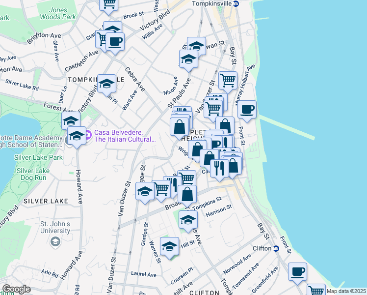 map of restaurants, bars, coffee shops, grocery stores, and more near 72 Boyd Street in Staten Island