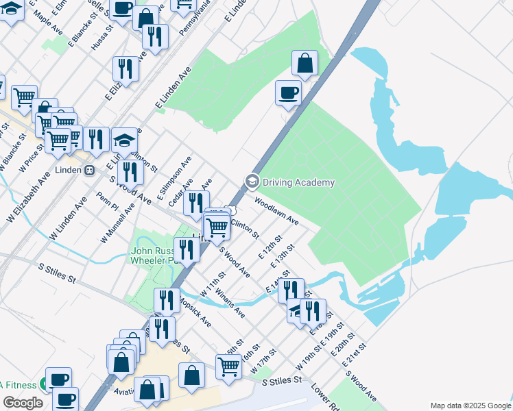 map of restaurants, bars, coffee shops, grocery stores, and more near 111 East 10th Street in Linden