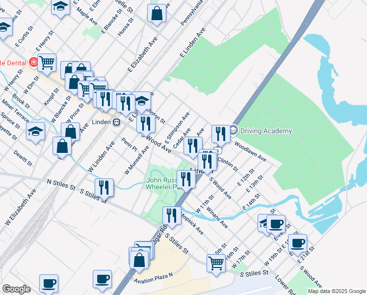 map of restaurants, bars, coffee shops, grocery stores, and more near 530 South Wood Avenue in Linden