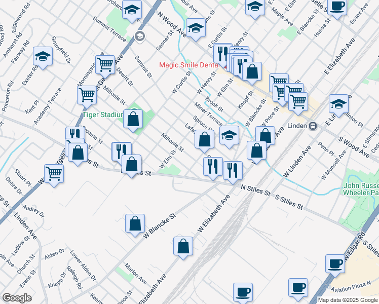 map of restaurants, bars, coffee shops, grocery stores, and more near 426 Laurita Street in Linden