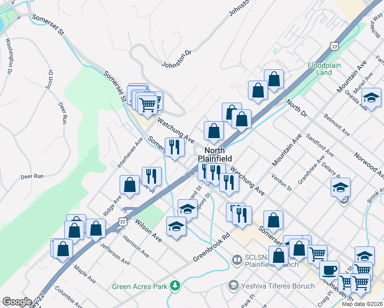 map of restaurants, bars, coffee shops, grocery stores, and more near 14 Hudson Avenue in North Plainfield