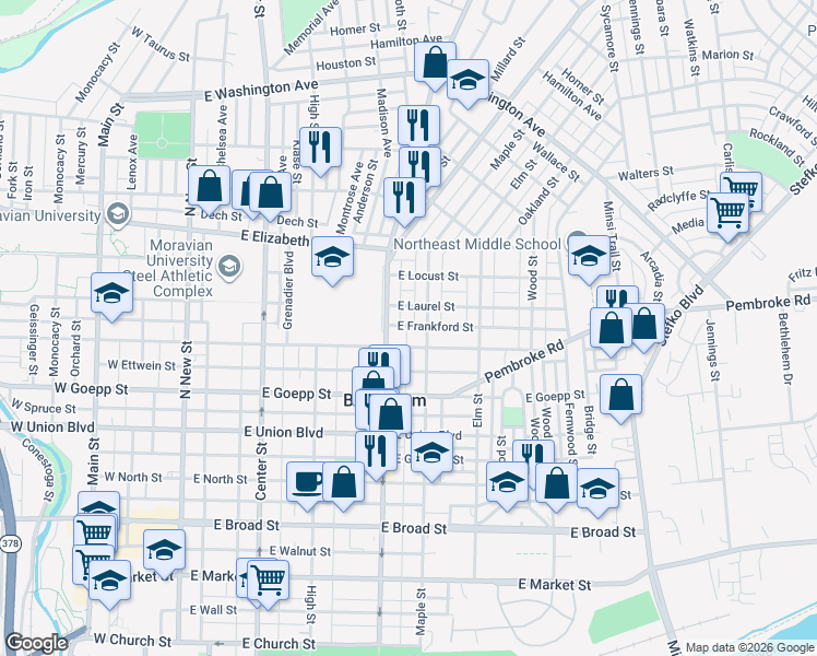 map of restaurants, bars, coffee shops, grocery stores, and more near 336 East Fairview Street in Bethlehem