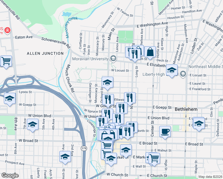 map of restaurants, bars, coffee shops, grocery stores, and more near 717 West Fairview Street in Bethlehem