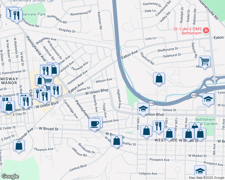 map of restaurants, bars, coffee shops, grocery stores, and more near 1814 West Union Boulevard in Bethlehem