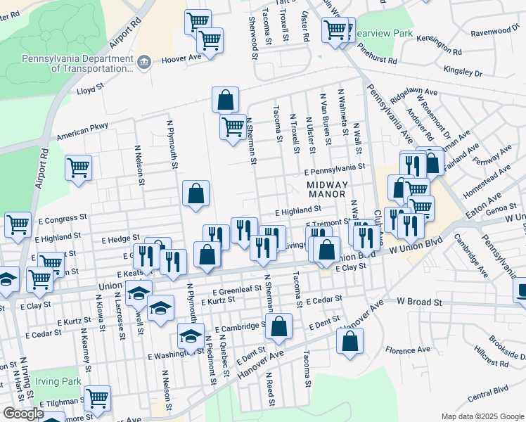 map of restaurants, bars, coffee shops, grocery stores, and more near 1917 East Tremont Street in Allentown