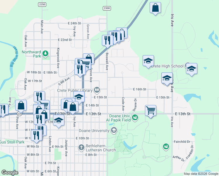 map of restaurants, bars, coffee shops, grocery stores, and more near 1513 Cherrywood Drive in Crete