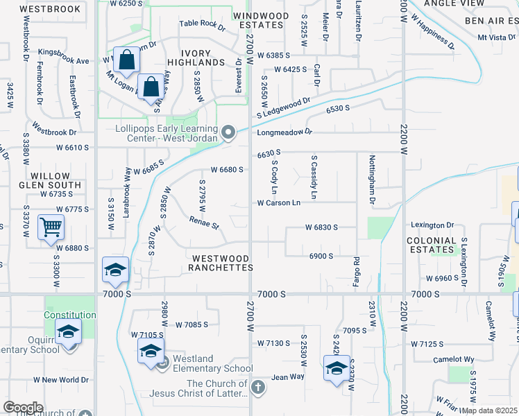 map of restaurants, bars, coffee shops, grocery stores, and more near 2683 West Carson Lane in West Jordan