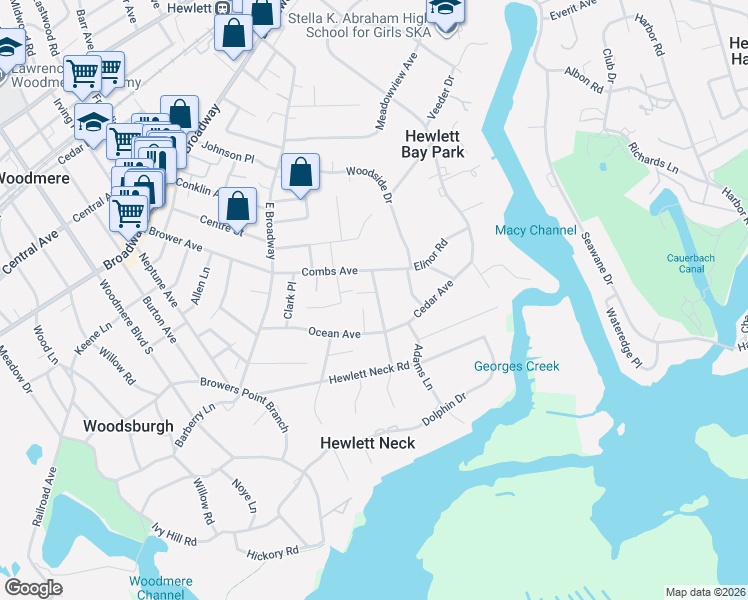 map of restaurants, bars, coffee shops, grocery stores, and more near 980 East Prospect Street in Woodmere