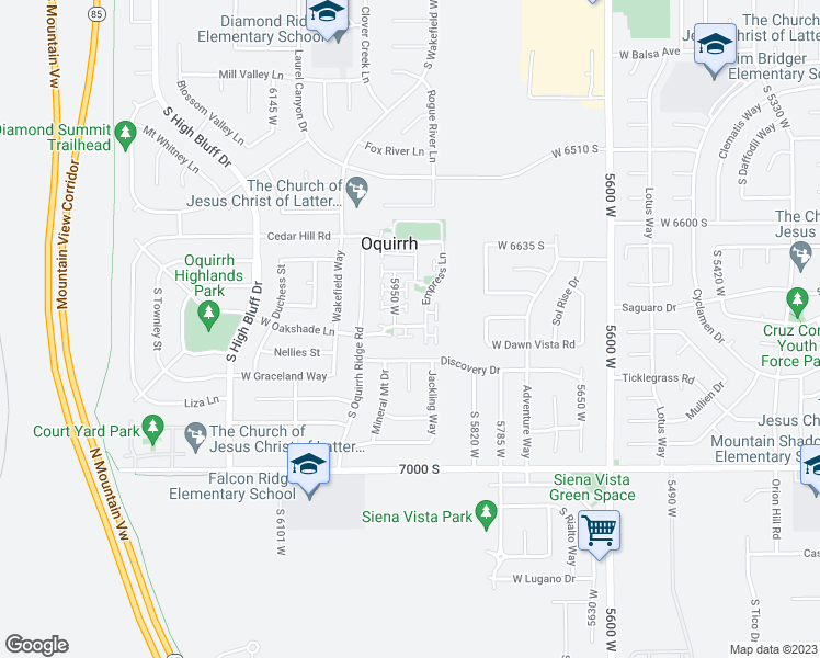 map of restaurants, bars, coffee shops, grocery stores, and more near 6771 South Oakshade Lane in West Jordan