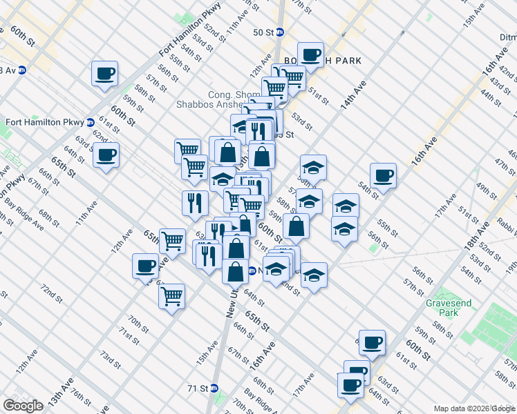map of restaurants, bars, coffee shops, grocery stores, and more near 6010 New Utrecht Avenue in Brooklyn
