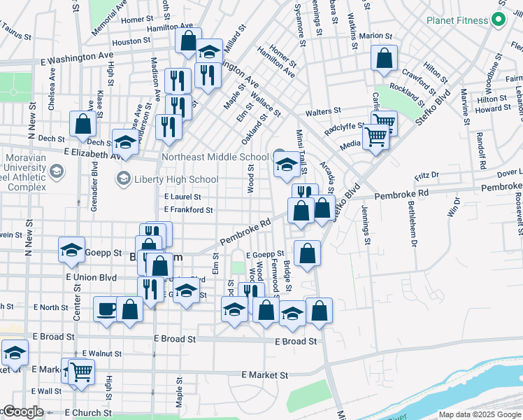 map of restaurants, bars, coffee shops, grocery stores, and more near 615 East Frankford Street in Bethlehem