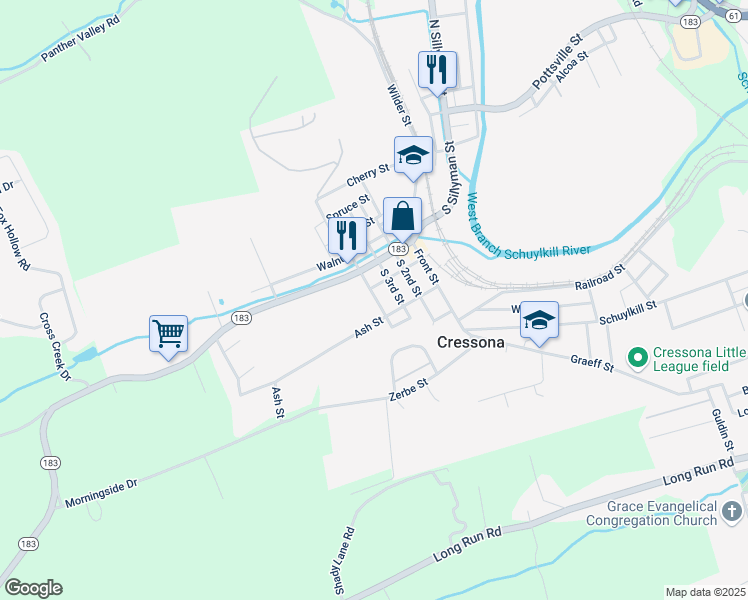 map of restaurants, bars, coffee shops, grocery stores, and more near 41 South 4th Street in Cressona