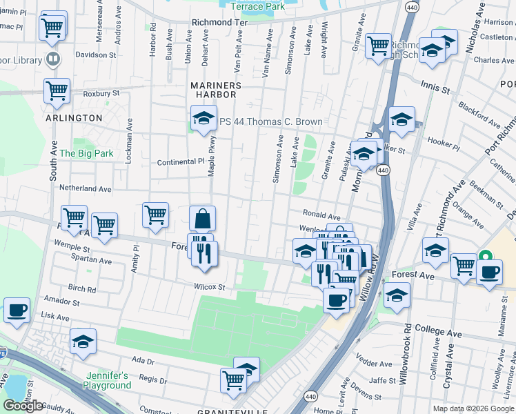 map of restaurants, bars, coffee shops, grocery stores, and more near 339 Van Name Avenue in Staten Island