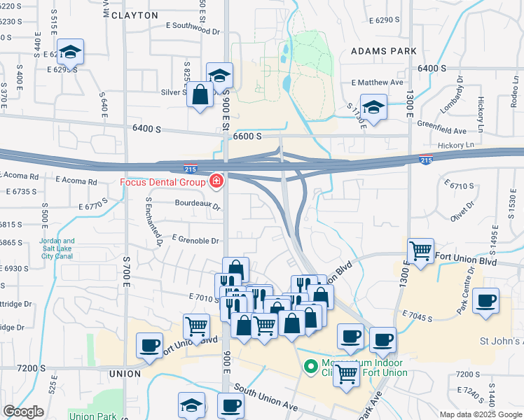 map of restaurants, bars, coffee shops, grocery stores, and more near 970 Tuscan Park Lane in Midvale