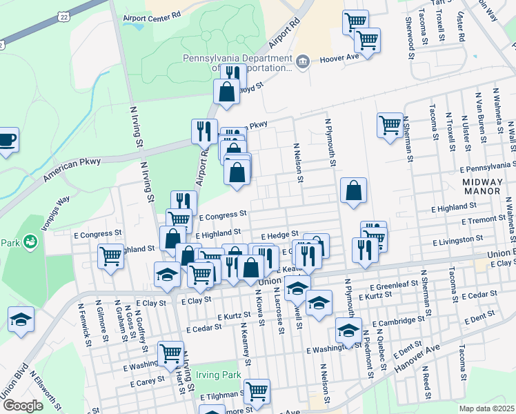 map of restaurants, bars, coffee shops, grocery stores, and more near 1141 East Congress Street in Allentown