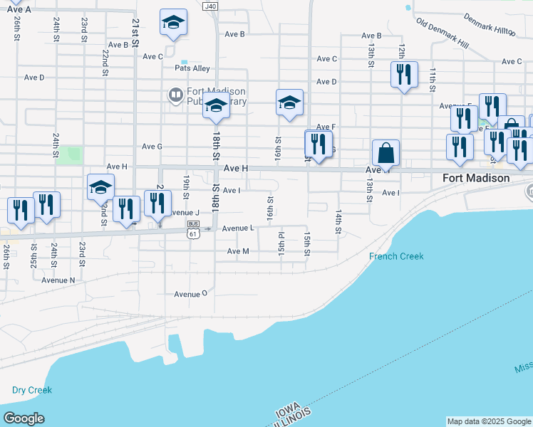 map of restaurants, bars, coffee shops, grocery stores, and more near 1600-1606 Ave L in Fort Madison