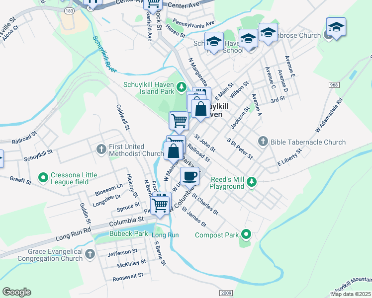 map of restaurants, bars, coffee shops, grocery stores, and more near 24 W Main St in Schuylkill Haven