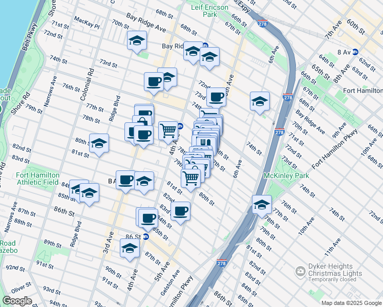 map of restaurants, bars, coffee shops, grocery stores, and more near 445 78th Street in Brooklyn