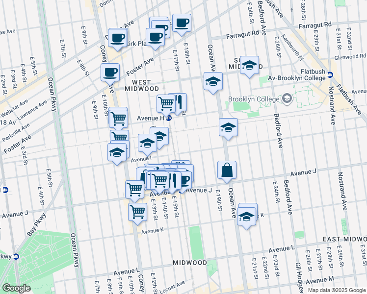 map of restaurants, bars, coffee shops, grocery stores, and more near 1620 Avenue I in Brooklyn