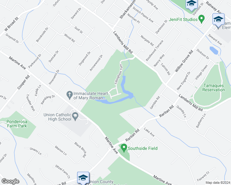 map of restaurants, bars, coffee shops, grocery stores, and more near 101 Tillinghast Turn in Scotch Plains