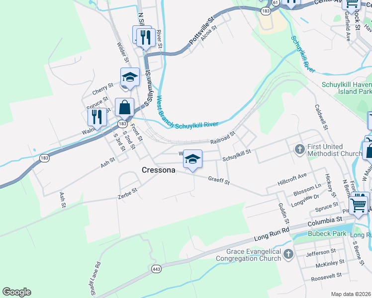 map of restaurants, bars, coffee shops, grocery stores, and more near 48 Schuylkill Street in Cressona