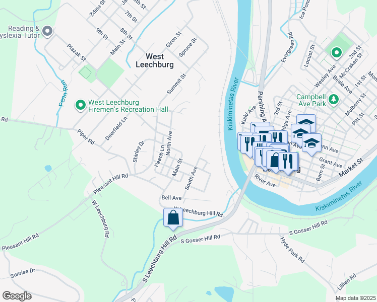 map of restaurants, bars, coffee shops, grocery stores, and more near 1629 Main Street in Leechburg