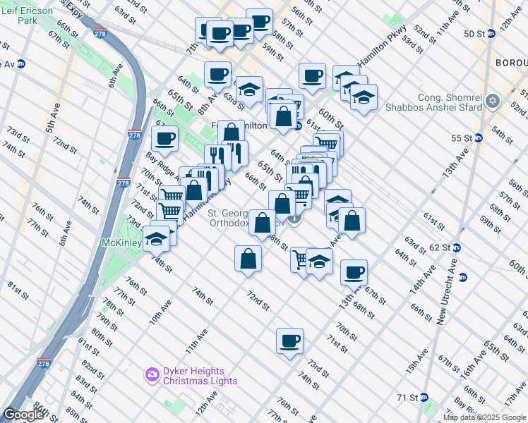 map of restaurants, bars, coffee shops, grocery stores, and more near 1034 67th Street in Brooklyn