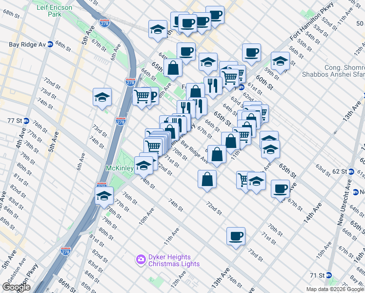 map of restaurants, bars, coffee shops, grocery stores, and more near 969 70th Street in Brooklyn