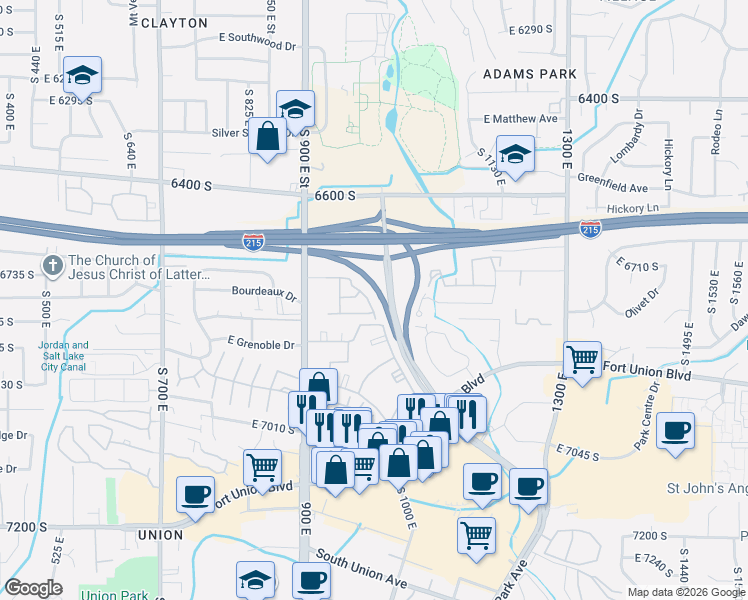 map of restaurants, bars, coffee shops, grocery stores, and more near 6779 Siena Vista Lane in Midvale