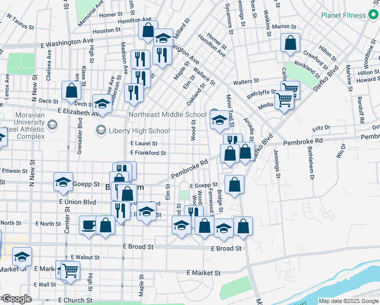 map of restaurants, bars, coffee shops, grocery stores, and more near 1003 Wood Street in Bethlehem