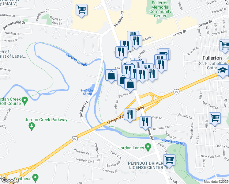 map of restaurants, bars, coffee shops, grocery stores, and more near 1580 Alta Drive in Fullerton