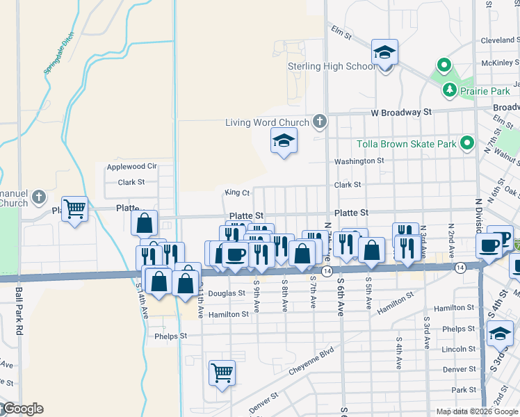 map of restaurants, bars, coffee shops, grocery stores, and more near 307 North 10th Avenue in Sterling