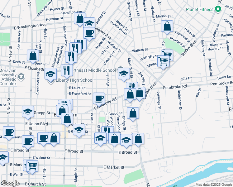 map of restaurants, bars, coffee shops, grocery stores, and more near 629 East Frankford Street in Bethlehem