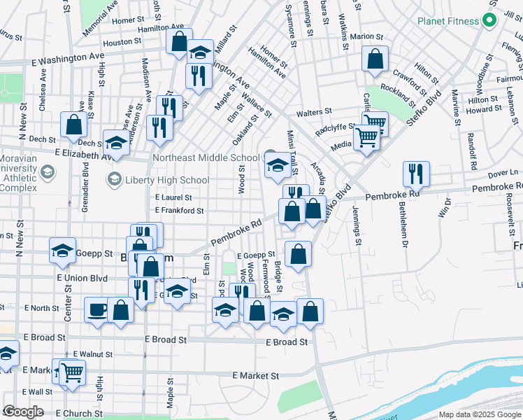 map of restaurants, bars, coffee shops, grocery stores, and more near 629 East Frankford Street in Bethlehem