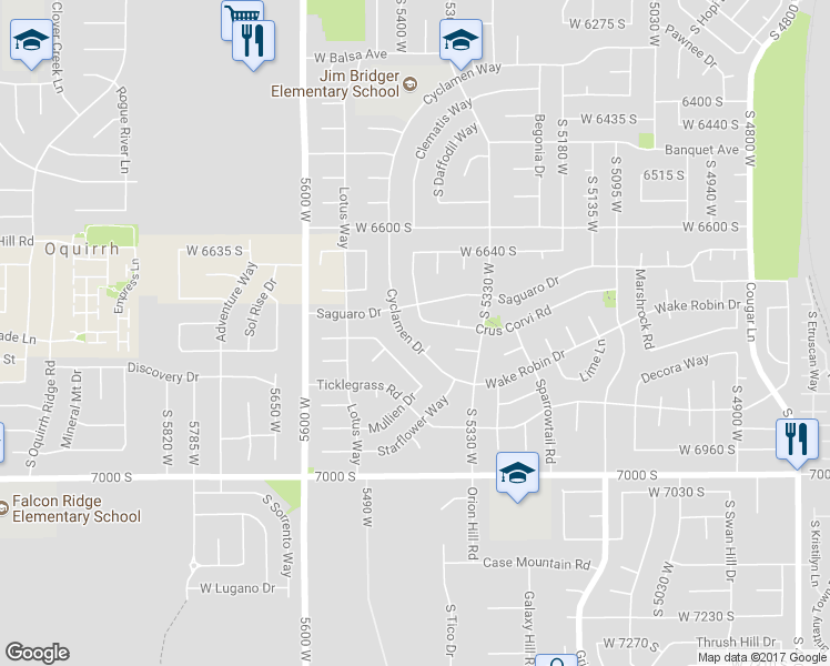 map of restaurants, bars, coffee shops, grocery stores, and more near 6812 Cyclamen Drive in West Jordan