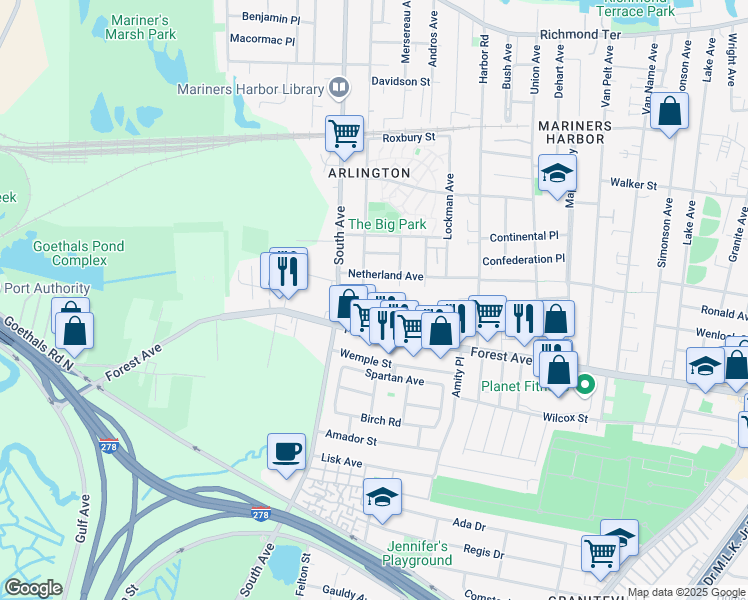map of restaurants, bars, coffee shops, grocery stores, and more near 2239 Forest Avenue in Staten Island