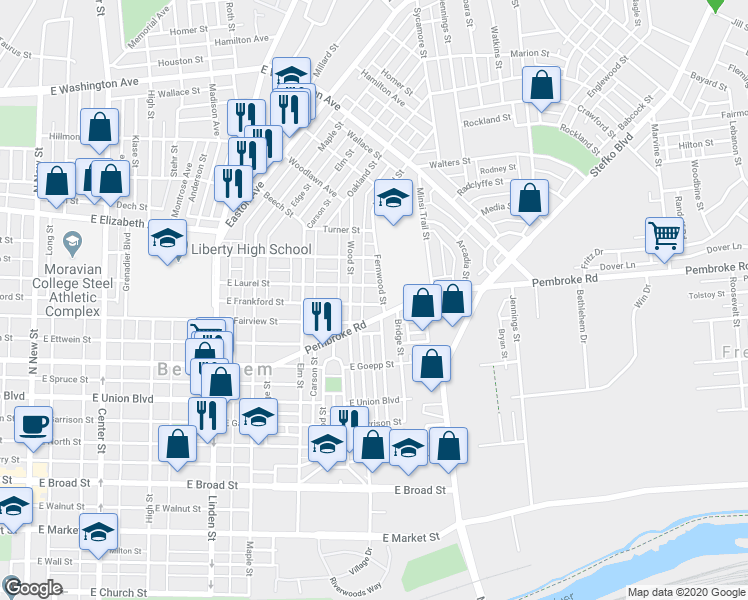 map of restaurants, bars, coffee shops, grocery stores, and more near 623 East Frankford Street in Bethlehem