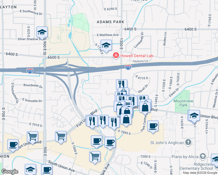 map of restaurants, bars, coffee shops, grocery stores, and more near 1230 Privet Drive in Cottonwood Heights