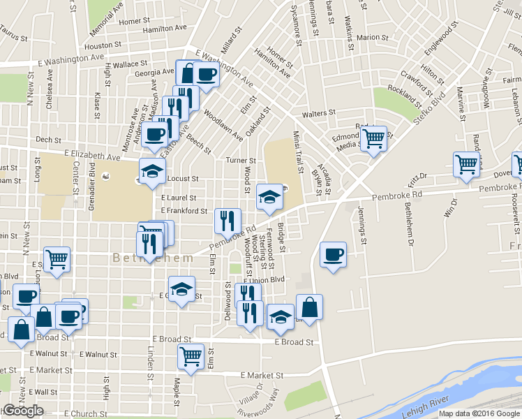 map of restaurants, bars, coffee shops, grocery stores, and more near 619 East Frankford Street in Bethlehem