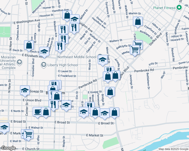 map of restaurants, bars, coffee shops, grocery stores, and more near 619 East Frankford Street in Bethlehem