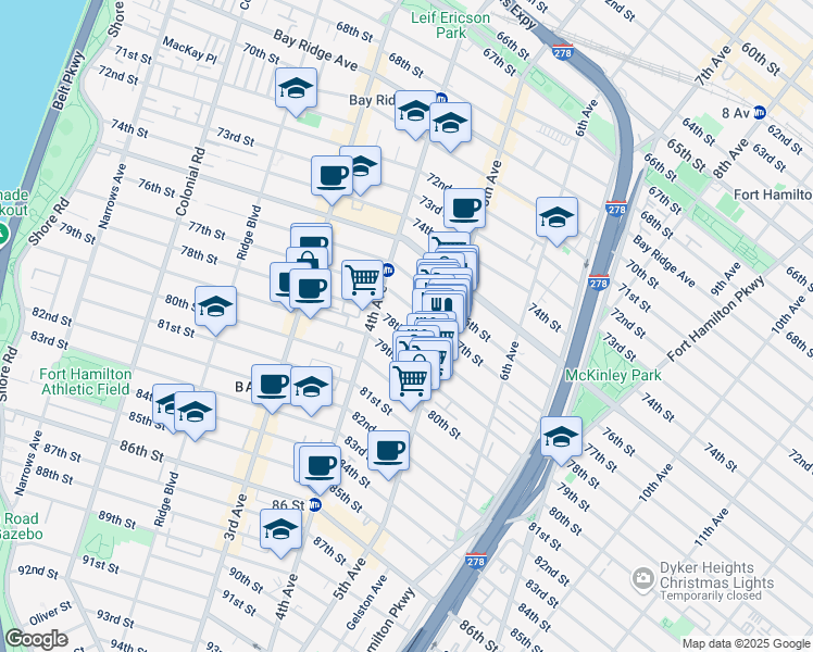 map of restaurants, bars, coffee shops, grocery stores, and more near 439 78th Street in Brooklyn