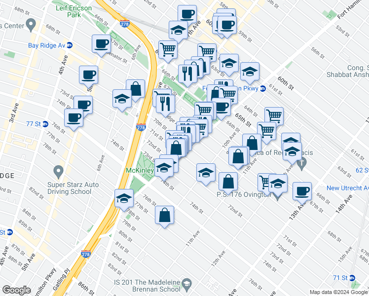 map of restaurants, bars, coffee shops, grocery stores, and more near 7006 Fort Hamilton Parkway in Brooklyn