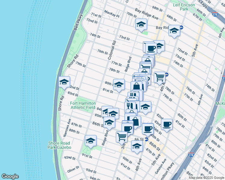 map of restaurants, bars, coffee shops, grocery stores, and more near 192 81 Street in Brooklyn